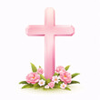 A pink cross with pink camellia decoration, white background, illustration.