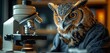 An owl on solid background, portrayed as a scientist in a lab coat, looking through a microscope