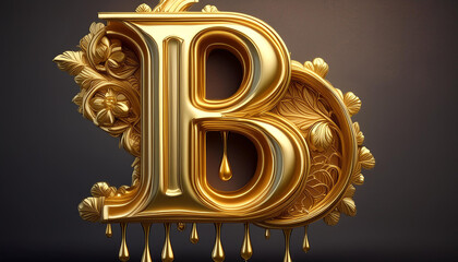 Wall Mural - letter B in golden drip effect, shiny metallic, logo, hyper realistic, ultra detailed, high resolution, 3d rendering