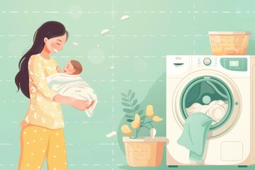 A woman holding a baby in front of a washing machine. Ideal for household or parenting concepts