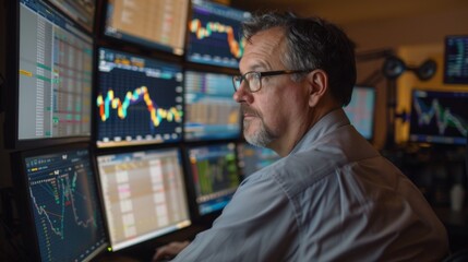 Wall Mural - A professional trader monitoring gold price movements on multiple screens, leveraging technical analysis for profitable trading strategies.