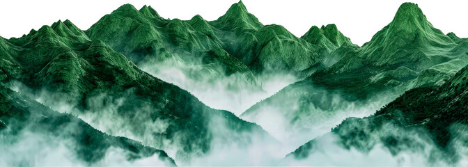 Wall Mural - Majestic green mountain peaks rising above the fog landscape cut out on transparent background