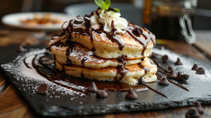 Wall Mural - A decadent serving of chocolate chip pancakes, topped with whipped cream and dark chocolate sauce, presented on a dark slate plate