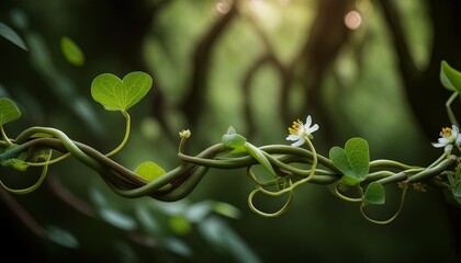 Wall Mural - twisted jungle vines liana plant cowslip creeper vine telosma cordata with heart shaped green leaves and flowers