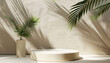 © Nate - Abstract 3D room with realistic cylinder pedestal podium set and palm leaf shadow overlay