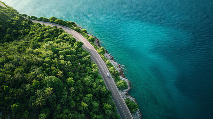 Wall Mural - An aerial view of a coastal road trip, a sleek modern car driving along a winding road, between the turquoise sea on one side and dense palm forest on the other