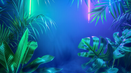 Wall Mural - Green and Blue Neon Light with Tropical Leaves