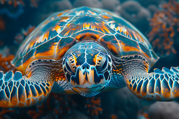 Poster - green sea turtle on blue