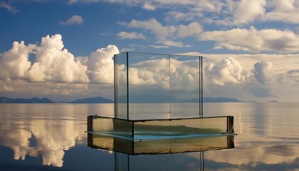 Wall Mural - transparent glass podium on crystal water surface in blue with white clouds sky background show case for cosmetic products new product promotion sale and presentation generative ai