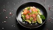 peruvian nikkei food salmon avocado ceviche on black plate black background top view
