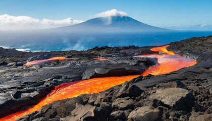 Wall Mural - red orange vibrant molten lava flowing onto grey lavafield and glossy rocky land near hawaiian volcano with vog on background