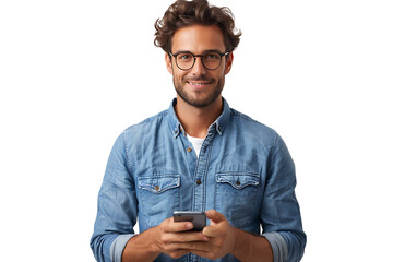 Wall Mural - Young man standing holding smartphone and looking at camera on isolated transparent background