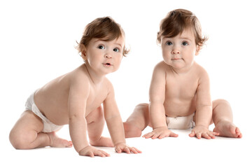 Poster - Portrait of cute twin babies on white background