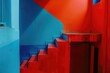 A vibrant red and blue staircase in a modern building. Perfect for architectural and interior design concepts