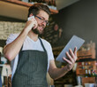 Man, barista and phone call for online order, communication and hospitality, take away and bistro server. Male employee, small business and customer service in cafe for technology and food delivery