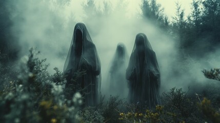 ghost, spirit figures walking on the fog.