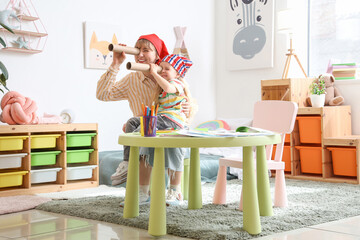 Poster - Nanny with little girl in bandanas looking through spyglasses at home