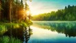 early morning over the lake in the forest summer landscape wilderness serenity lake