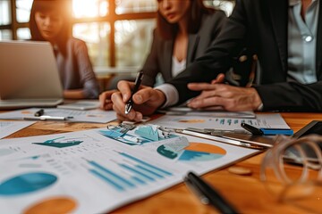 Poster - Two people sitting at a table reviewing colorful business charts and graphs, with one using a laptop and the other taking notes with a pencil.