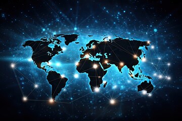 Leinwandbilder - A digital illustration of a map of the world with glowing connections and nodes placed on different countries, set against a backdrop of a starry night sky.