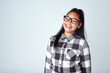 Studio, fashion and portrait of girl with glasses for clear vision, eye care and optometry. Kid, mockup and smile of child with happiness for eyesight, pride and confidence on white background