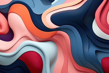 Fototapete - Abstract design with flowing layers in red, blue, orange, and dark blue colors creating a wavy and textured appearance.