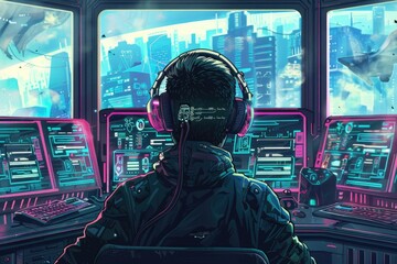 A man sitting in front of a computer with headphones on. Perfect for technology or work-related designs
