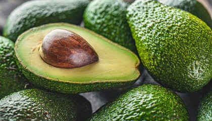 green ripe avocado top close up view texture vegan healthy food background diet organic vegetable po