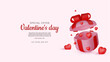 Valentine s day design. Realistic gifts boxes. Open gift box full of decorative festive object. Holiday banner, web poster, flyer, stylish brochure, greeting card, cover. Romantic background