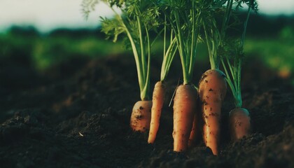 fresh carrots growing in soil closeup