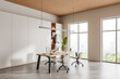 Cozy workspace interior with ceo desk and shelf with panoramic window