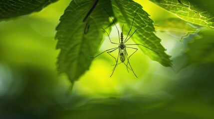 A mosquito resting on a green leaf. Suitable for nature and pest control concepts