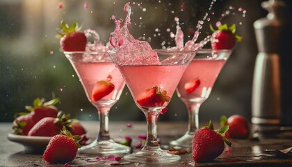 Wall Mural - glasses with pink cocktails with liquit splashing and strawberries isolated