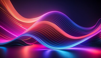 Wall Mural - 3d render abstract geometric neon background colorful glowing wavy line minimalist wallpaper