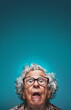 Funny looking senior woman, with surprised expression. Studio photo banner copy space above. Generative AI
