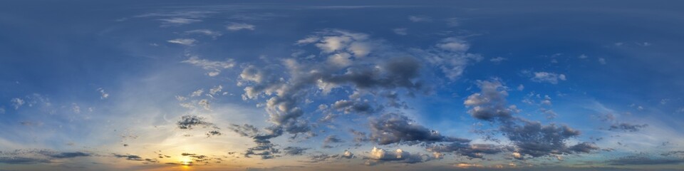 Wall Mural - twilight blue sky 360 hdri panorama with evening clouds before sunset for use in 3d graphics or game
