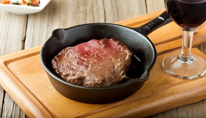 Sticker - sizzling steak in cast iron skillet with red wine