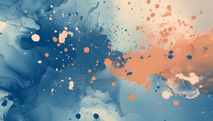 Poster - abstract artistic blue texture background with pink orange and beige paint splash and paint drops colorful creative background design with watercolor painted texture pattern