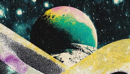 Wall Mural - generative ai vintage risograph collage of alien planet in space pastel halftone geometric shapes abstract grain texture