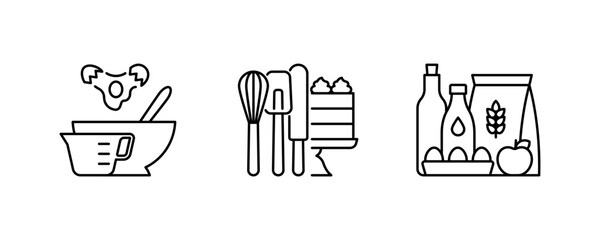 Baking icon set. Mixing bowl, measuring cup, dough, cookies, supplies, whisk, spatula, cake, stand, milk, oil, egg, flour. Homemade pastry concept. Linear illustration, editable stroke.