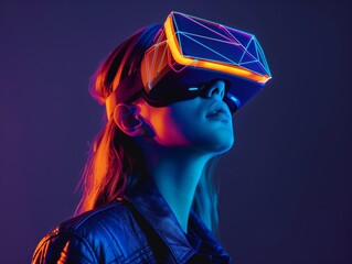 Neural lowpoly AI futuristic neon network of a woman wearing VR headset