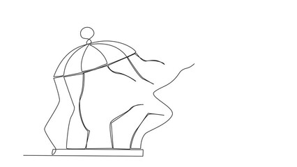 Sticker - Self drawing animation of single one line drawing businessman flying with a rocket and breaks the cage. Free from traps. Getting a booster to continue business. Business soared. Full length animated