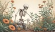 A Cartoon Skeleton Gardener Tending To Skeletal Pl  2