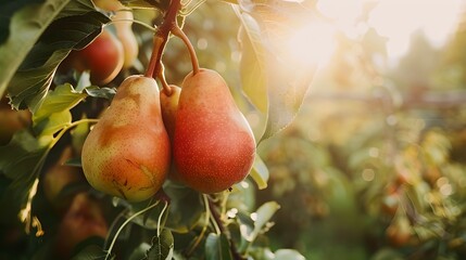 Poster - Ripe pears hanging on a tree in sunlight. Fresh fruit harvest in orchard. Organic farming concept. Seasonal fruit picking scene. Nature's bounty showcased beautifully. AI