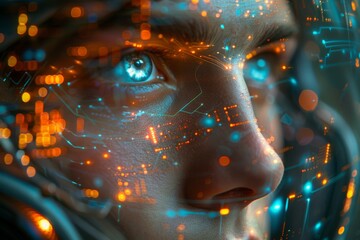 Sticker - Close up of a woman's face overlaid with glowing technological circuit patterns and nodes, symbolizing AI and modern digital concepts