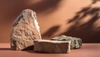 © Charlotte - 3d podium stone display on brown background beige rock cosmetic beauty product promotion pedestal with sun shadow nature landscape showcase abstract minimal studio 3d render