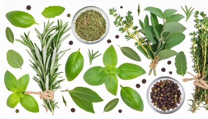 fresh organic mediterranean herbs and spices elements isolated over a transparent background sage rosemary twig and leaves thyme oregano basil green and black pepper top view flat lay