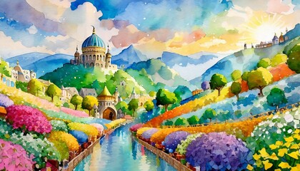 Wall Mural - watercolor background with a whimsical and fairytale like theme perfect for children s book illustrations or magical storytelling