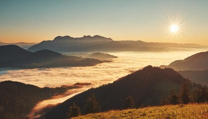 Wall Mural - view from mt auerberg at sunrise valley full of fog the alps behind bavaria germany