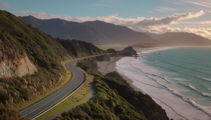 Wall Mural - a scenic road winds along the western shore of new zealand s south island generative ai